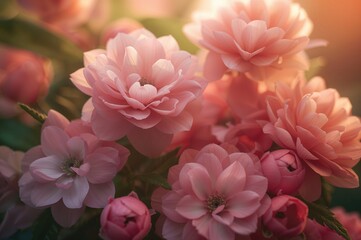 Wall Mural - Cluster of pink blossoms with a cozy glowing backdrop, floral pattern, texture, design, warm season, ceremony, outdoors, bloom, foliage, present