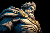 Estatua de guerrero mítico con barba y armadura de piedra