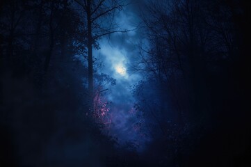 Wall Mural - Moody forest scene shrouded in fog and mist at night