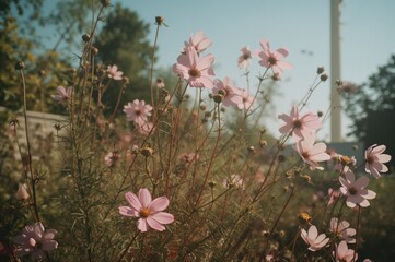 Wall Mural - Blooming Cosmos set against a lush green garden background