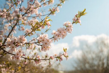 Wall Mural - Branches decorated with gentle cherry blossoms set against a calm, pale blue backdrop, evoking tranquility and grace.