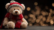 © Artistry - plush teddy bear in red knit hat and scarf on dark surface with warm bokeh lights in cozy festive winter composition
