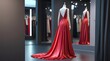 © Restha - Photorealistic image of an elegant red evening dress displayed on a mannequin.