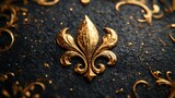 Stunning golden fleur de lis symbol with ornate baroque flourishes and sparkling gold dust on textured dark background, evoking luxury and heritage