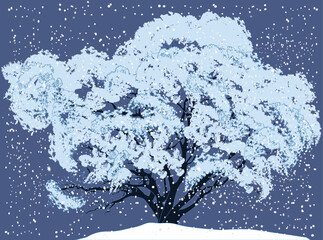 Wall Mural - oak tree in blue snow under snowfall