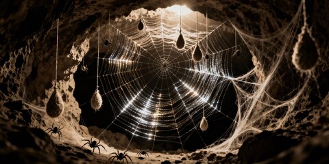 Close-up View of a Large Intricate Spider Web with Dew Droplets Hanging Inside a Dark Natural Environment Window Effect