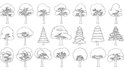 Wall Mural - Minimal CAD Tree Line Vector – Side View Outline Set of Graphic Tree Elements for Architecture and Landscape Design AI EPS PNG JPEG