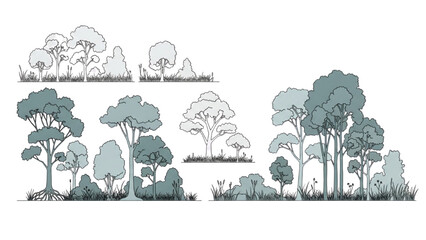 Wall Mural - Minimal CAD Tree Line Vector – Side View Outline Set of Graphic Tree Elements for Architecture and Landscape Design AI EPS PNG JPEG