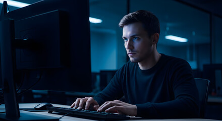 Young programmer working on computer in a dark office at night