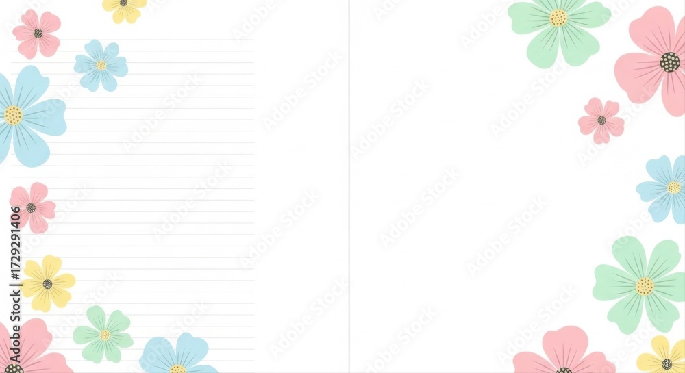 Floral stationery paper with pastel flowers and writing lines for notes ...