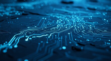 Abstract circuit board design with blue light and electronic components