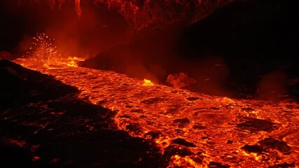Wall Mural - Mesmerizing molten lava river flowing slowly in the darkness texture, orange, liquid rock