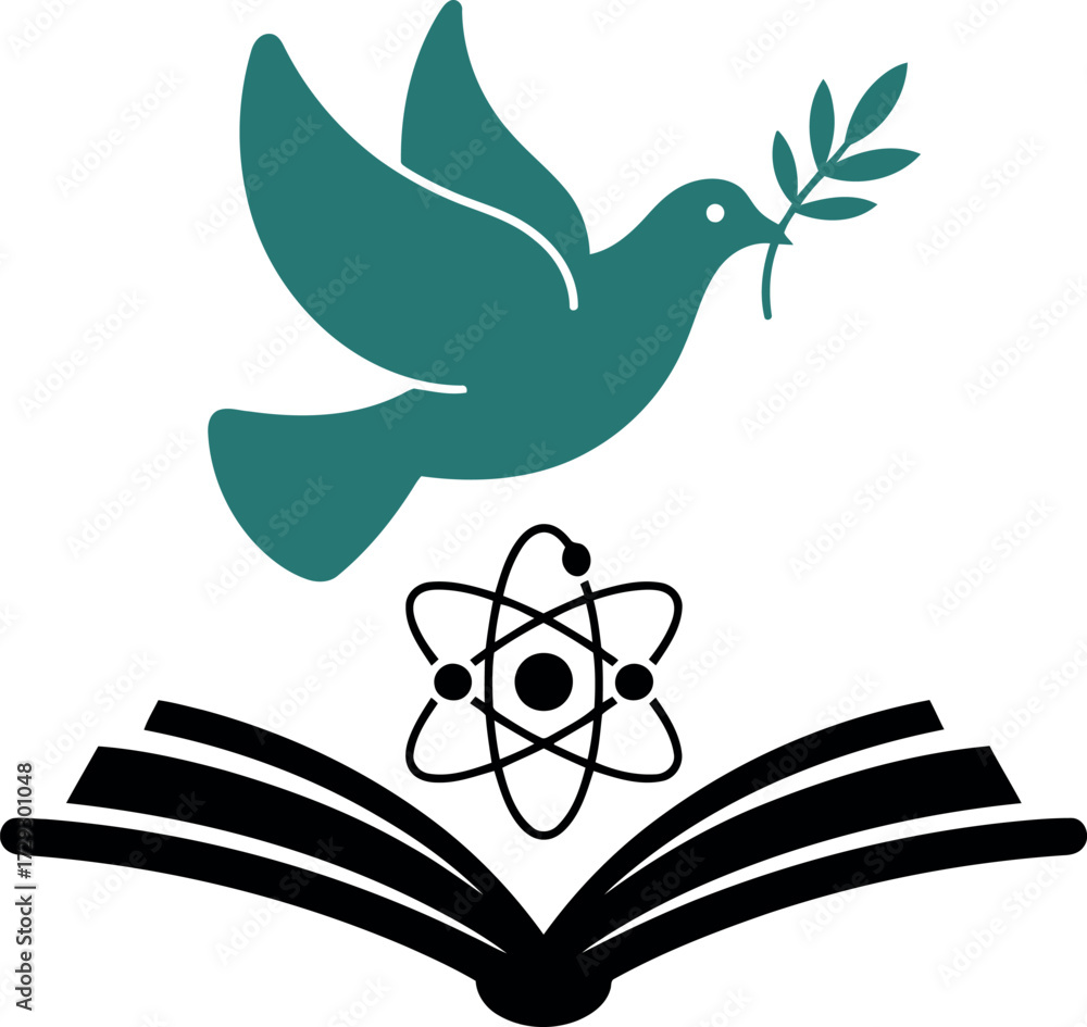 Dove with olive branch above open book atom symbol knowledge vector ...