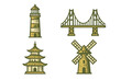 © Smaev - Set of diverse architectural landmarks and traditional structures featuring a lighthouse, suspension bridge, pagoda, and windmill