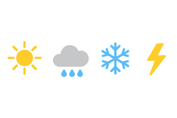 Collection of weather forecast symbols and climate condition icons including sun, rain, snow, and lightning