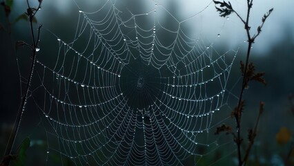 Dew-Kissed Spiderweb - A Delicate Trap in the Morning Mist.