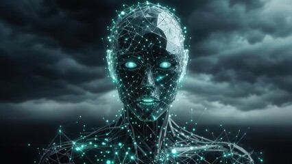 Digital Humanoid with Glowing Eyes and Network Connections.