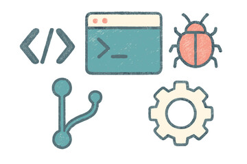 Programming and software development icons set featuring code, terminal, bug, branching, and settings symbols