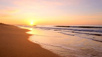 Wall Mural - Gentle ocean waves softly rolling onto a golden beach during a peaceful sunrise timelapse calm, new day, sea
