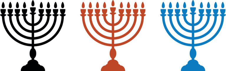 Three stylized menorahs in black, red, and blue, representing light and tradition.