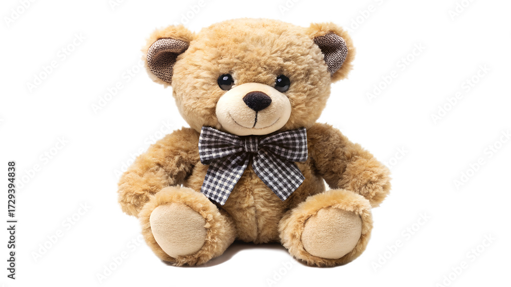 Cute brown teddy bear with a checkered bow tie sitting upright isolated ...
