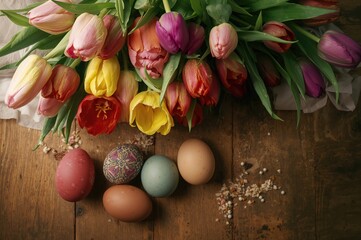 Wall Mural - Vibrant tulip blooms surrounding decorated eggs on rustic wooden surface, viewed from above