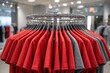 © AkuAku - Detailed shot of a round clothing stand featuring red and gray T-shirts