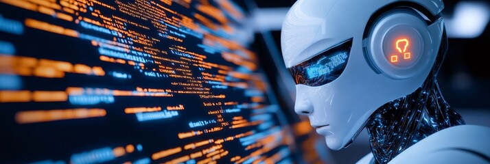 Robot analyzing code on a futuristic digital screen
