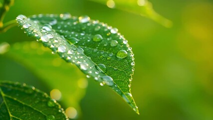 Wall Mural - Extreme Close-Up of Sparkling Dew Drops on a Vibrant Green Leaf, Gently Swaying in Soft Morning Light with Shallow Depth of Field tranquil, fresh, calm