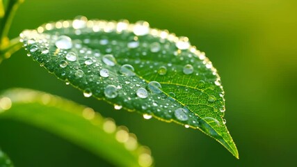 Wall Mural - Extreme Close-Up of Sparkling Dew Drops on a Vibrant Green Leaf, Gently Swaying in Soft Morning Light with Shallow Depth of Field gently swaying, environment, meditation