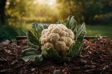 Wall Mural - Cauliflower thrives optimally when cultivated on a mulch bed