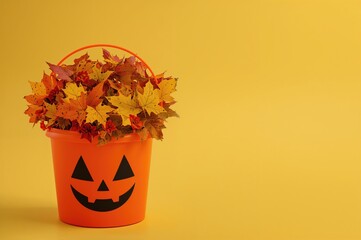Wall Mural - Festive plastic pumpkin container with a sinister grin set against a bright yellow backdrop, featuring room for text. Halloween banner with a collection of fall leaves and candy bucket.