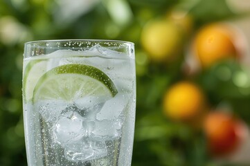 Wall Mural - Vertical close-up of a chilled glass filled with sparkling water, ice cubes, and lime slices for a refreshing summer drink