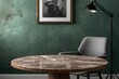 © TheWaterMeloonProjec - Detailed view of a marble-patterned wooden central table with a green accent wall, grey seating, framed artwork, and a black lamp in the backdrop.