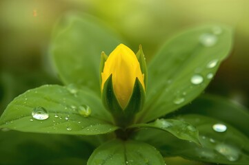 Wall Mural - Yellow flower bud covered in water droplets resting on green leaves