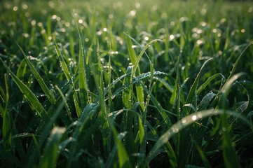 Wall Mural - Detailed shot of wet wild grass illuminated by early daylight, perfect for nature-themed backgrounds