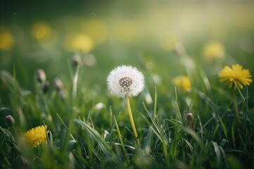 Wall Mural - Lovely springtime dandelion blossoms backdrop with nature, summer vibes, and greenery