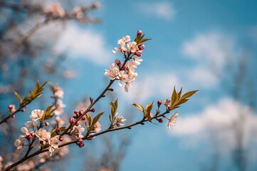 Wall Mural - blooming hawthorn twigs with fresh spring foliage and soft background light on a bright day