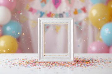 Wall Mural - Balloon and confetti frame placed on a white surface for a kids' celebration