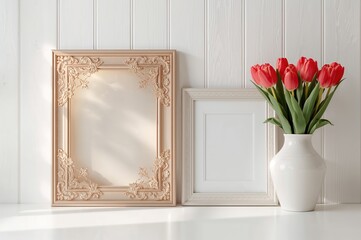 Wall Mural - Decorative floral border with a blank card and red tulips in a vase on a white wooden surface. Celebration of Mother's and Women's Day with space for text.
