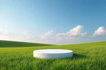 Wall Mural - White stage set on lush green meadow. Summer outdoor scene template. Photograph