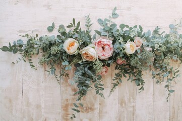 Wall Mural - Greenery and blossoms adorning the border of a white wooden surface