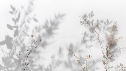 Wall Mural - Soft silhouettes of blossoms and fine grass against a pale wall. Minimalist natural theme backdrop with room for copy.