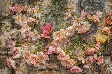 Wall Mural - Floral arrangement against a rock surface
