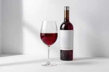 Wall Mural - Red wine glass accompanied by unmarked bottle against a white backdrop