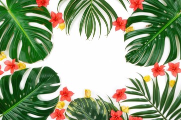 Wall Mural - Tropical palm and monstera leaves border with vibrant red and yellow flowers on a white backdrop, overhead perspective, flat lay.