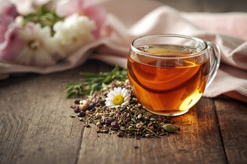 Wall Mural - Clear glass mug filled with hot fragrant tea surrounded by assorted dried herbs on a surface. Text space available.