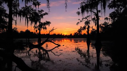 Wall Mural - Dramatic swamp sunset timelapse showing vibrant colors and long shadows cast by trees over murky water murky water, footage, bayou