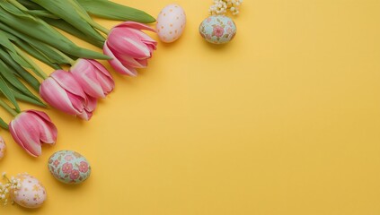 Wall Mural - Overhead view of colorful eggs and tulips arranged on a bright yellow surface with empty space for message. Spring holiday theme