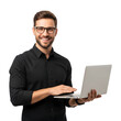 © Youssef Studio - Smiling man wearing glasses and a black shirt holding a laptop and looking at the camera with a white background